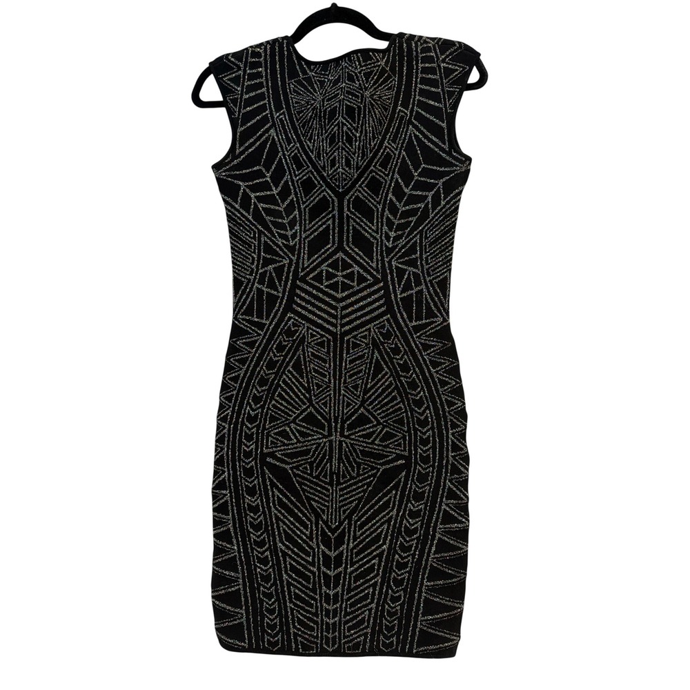 RVN Abstract Jacquard Mini Dress Black Silver Metallic V-Neck Bodycon Small - Picture 10 of 11